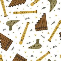 Flute seamless vector pattern. Block flute, ocarina, pan flute, whistle. Wooden musical instruments isolated on white. Pipes for classical, folk melodies. Flat cartoon background for web, print