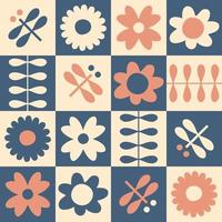 Geometric seamless pattern with daisies and dragonflies in 1980s style. vector