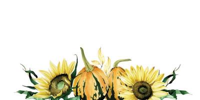 watercolor drawing composition of flowers of sunflower, pumpkins and leaves. autumn bouquet, harvest, Thanksgiving holiday. elegant composition isolated on white background, clipart. autumn decoration vector
