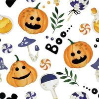 acuarela de patrones sin fisuras sobre el tema de halloween. estampado infantil con lindas calabazas champiñones y caramelos naranjas y morados. sin fondo blanco vector