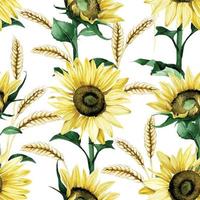 watercolor seamless pattern with sunflower flowers and wheat stripes. rustic print on the theme of summer, autumn, harvest, farming, thanksgiving. flowers and leaves isolated on white background