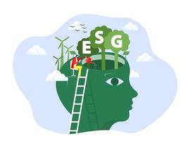 businessman water the plants  on Earth in shape of big head human with ecology problem ESG  renewable, green, safe and long term source concept vector