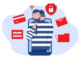 Criminal hacker holding friends mask for hacking on mobile phone screen stealing money ,cyber crime, theft of personal data, password, credit card flat vector illustration.