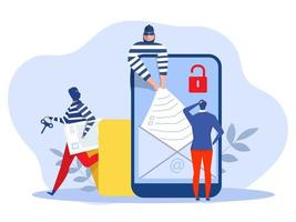 Hacker steal information from person personal account. Phishing and bank fraud.cyber security alert on smartphone. Flat illustration Vector illustration.
