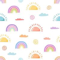 Seamless pattern  suns with rainbow and clouds pastel vector