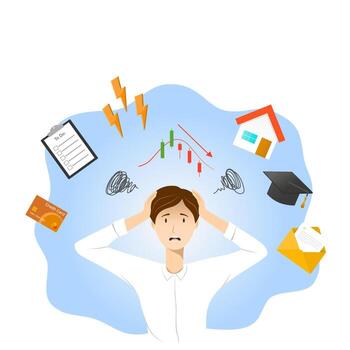 Man panic and stress with many problem vector