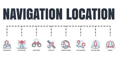 Navigation, location banner web icon set. satellite, you are here, navigation, search globe, gps tracking, forest, view point, lighthouse vector illustration concept.