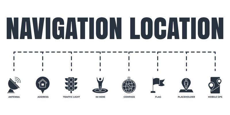 Navigation, location banner web icon set. address, flag, traffic light, im here, mobile gps, compass, placeholder, antenna vector illustration concept.