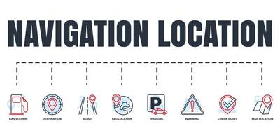 Navigation, location banner web icon set. warning, road, check point, gas station, parking, destination, map location vector illustration concept.