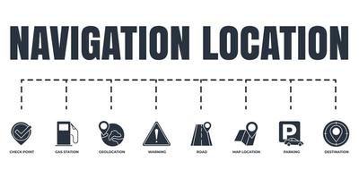 Navigation, location banner web icon set. warning, road, check point, gas station, parking, destination, map location vector illustration concept.