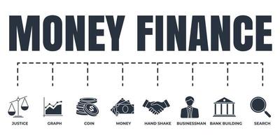 conjunto de iconos de web de banner de finanzas. dinero, búsqueda, gráfico, hombre de negocios, edificio bancario, justicia, moneda, concepto de ilustración vectorial de apretón de manos. vector