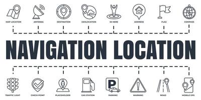 Navigation, location banner web icon set. address, flag, traffic light, parking, destination and more vector illustration concept.