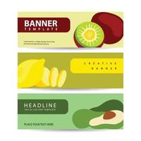 Banner with fresh fruits. Apple, orange, and avocado for market food packaging vector