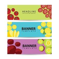 Three horizontal banners with colorful compositions of whole and chopped fresh vegetables and fruits vector