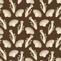 Seamless vector pattern with cute cartoon forest mushrooms fly agaric on a brown background.