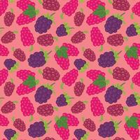 Seamless raspberry pattern with summer berries, fruits, leaves, . Vector illustration