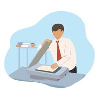 Man stands for copying while other sheets of paper are flying. Flat design Illustration about Photocopy in the office. vector