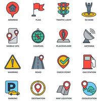 conjunto de ilustración de vector de logotipo de icono de ubicación de navegación. plantilla de símbolo de paquete de ubicación. dirección, bandera, semáforo, advertencia, carretera y más para la colección de diseño gráfico y web