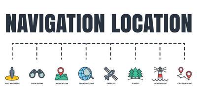 Navigation, location banner web icon set. satellite, you are here, navigation, search globe, gps tracking, forest, view point, lighthouse vector illustration concept.
