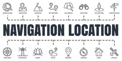 Navigation, location banner web icon set. home, pinpoint, direction sign, compass, map search and more vector illustration concept.