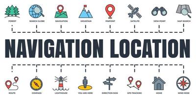 Navigation, location banner web icon set. home, pinpoint, direction sign, compass, map search and more vector illustration concept.