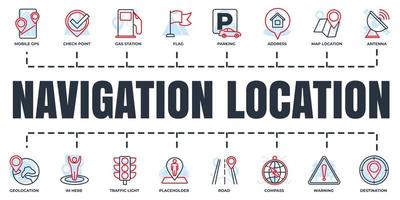 Navigation, location banner web icon set. address, flag, traffic light, parking, destination and more vector illustration concept.