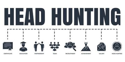 Head Hunting banner web icon set. education, recruitment, salary, achievement, head hunting, certificate, team, partnership vector illustration concept.