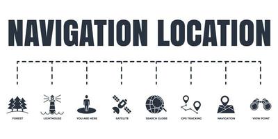 Navigation, location banner web icon set. satellite, you are here, navigation, search globe, gps tracking, forest, view point, lighthouse vector illustration concept.