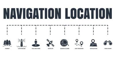 Navigation, location banner web icon set. satellite, you are here, navigation, search globe, gps tracking, forest, view point, lighthouse vector illustration concept.