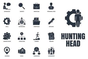 Set of Head Hunting, portfolio, skill, email, person hour and more icon logo vector illustration. recruiting pack symbol template for graphic and web design collection