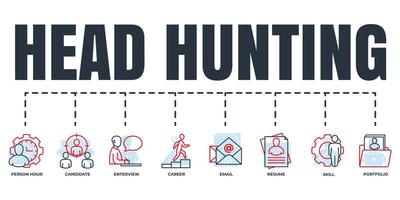 Head Hunting banner web icon set. career, resume, interview, candidate, portfolio, skill, email, person hour vector illustration concept.