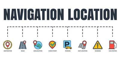Navigation, location banner web icon set. warning, road, check point, gas station, parking, destination, map location vector illustration concept.
