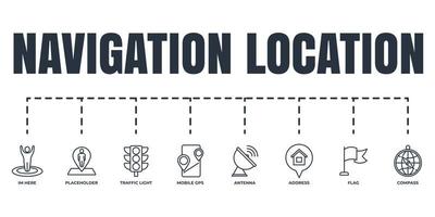 Navigation, location banner web icon set. address, flag, traffic light, im here, mobile gps, compass, placeholder, antenna vector illustration concept.
