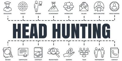 Head Hunting and Recruiting banner web icon set. achievement, head hunting, certificate, team, partnership, workflow and more vector illustration concept.