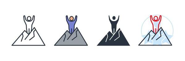 ilustración de vector de logotipo de icono de logro. hombre de pie en la cima de la plantilla de símbolo de montaña para la colección de diseño gráfico y web