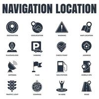 conjunto de ilustración de vector de logotipo de icono de ubicación de navegación. plantilla de símbolo de paquete de ubicación. dirección, bandera, semáforo, advertencia, carretera y más para la colección de diseño gráfico y web