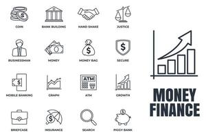 conjunto de ilustración de vector de logotipo de icono de finanzas de dinero. plantilla de símbolo de paquete de finanzas para la colección de diseño gráfico y web. dinero, búsqueda, gráfico, hombre de negocios y más