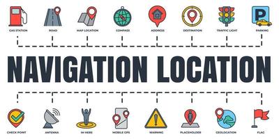 Navigation, location banner web icon set. address, flag, traffic light, parking, destination and more vector illustration concept.