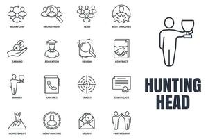 Set of Head Hunting, earning, winner, contract, target, review and more icon logo vector illustration. recruiting pack symbol template for graphic and web design collection