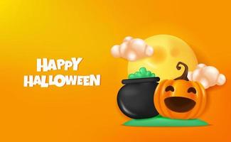 banner de feliz halloween con caldero 3d y jack o linterna con carácter de luna llena vector