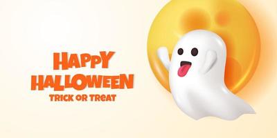 Happy halloween 3d cute emoji ghost with moon with white background vector