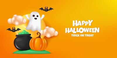 illustration pumpkin, cauldron, ghost, bat and moon with orange yellow banner for happy halloween vector