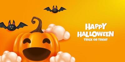 3d jack o lantern pumpkin with cloud and bat for halloween greeting card banner template vector