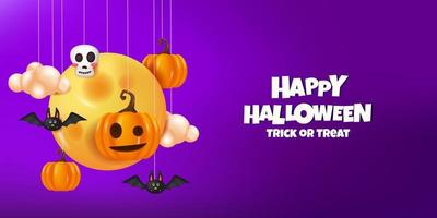 3d cute moon and pumpkin jack o lantern wtih bat and cloud with night purple halloween greeting card