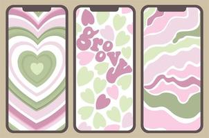 Vector set of three smartphone screens in pastel colors. Groovy. Pink and green. Hearts and sinuous lines.