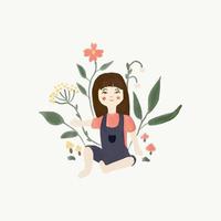 The girl is sitting on the grass in the forest. Watercolor vector illustration.