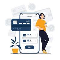 E wallet, digital payment, online transaction with woman standing and holding mobile phone concept illustration vector