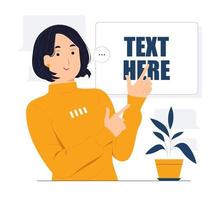 Woman hand pointing finger at left up corner with happy expression and advices use this copy space wisely concept illustration vector