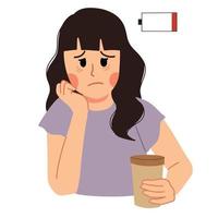 mujer cansada sosteniendo una taza de café ilustración vector