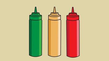 tres variaciones de salsa de botella, salsa de mostaza, ilustración de vector de salsa de chile